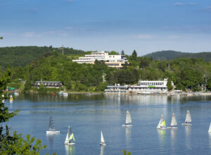 View of the Brno dam with boats from the Orea resort Santon