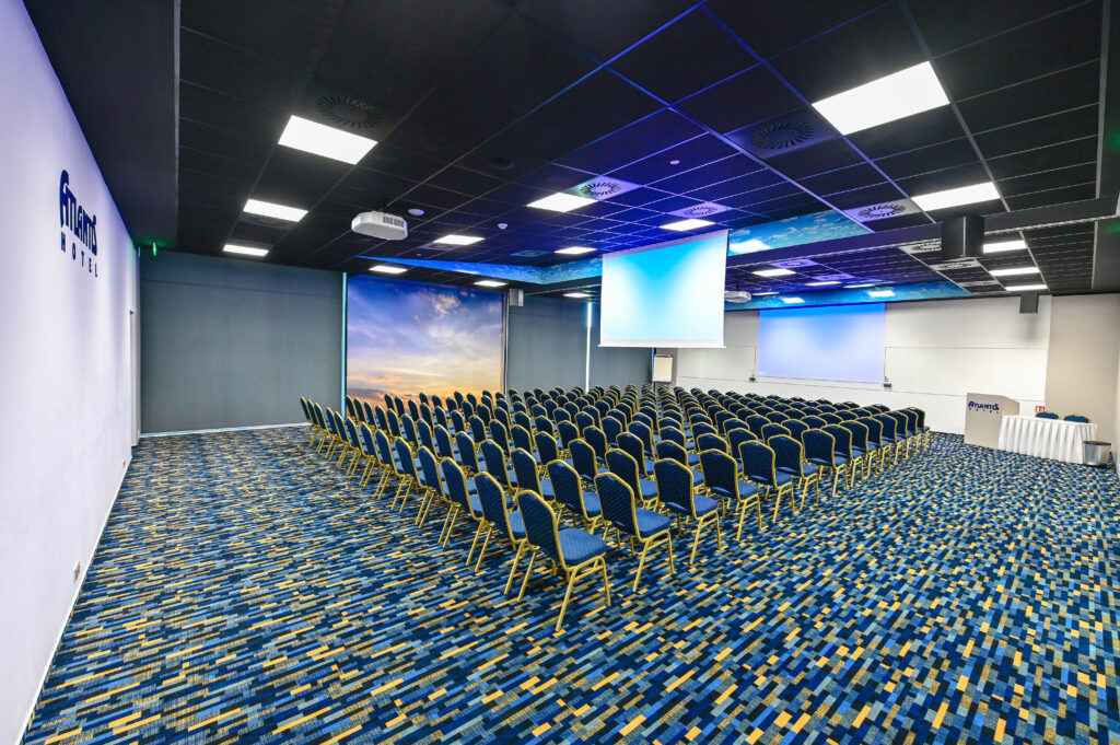 A conference room with theater-style meeting arrangements