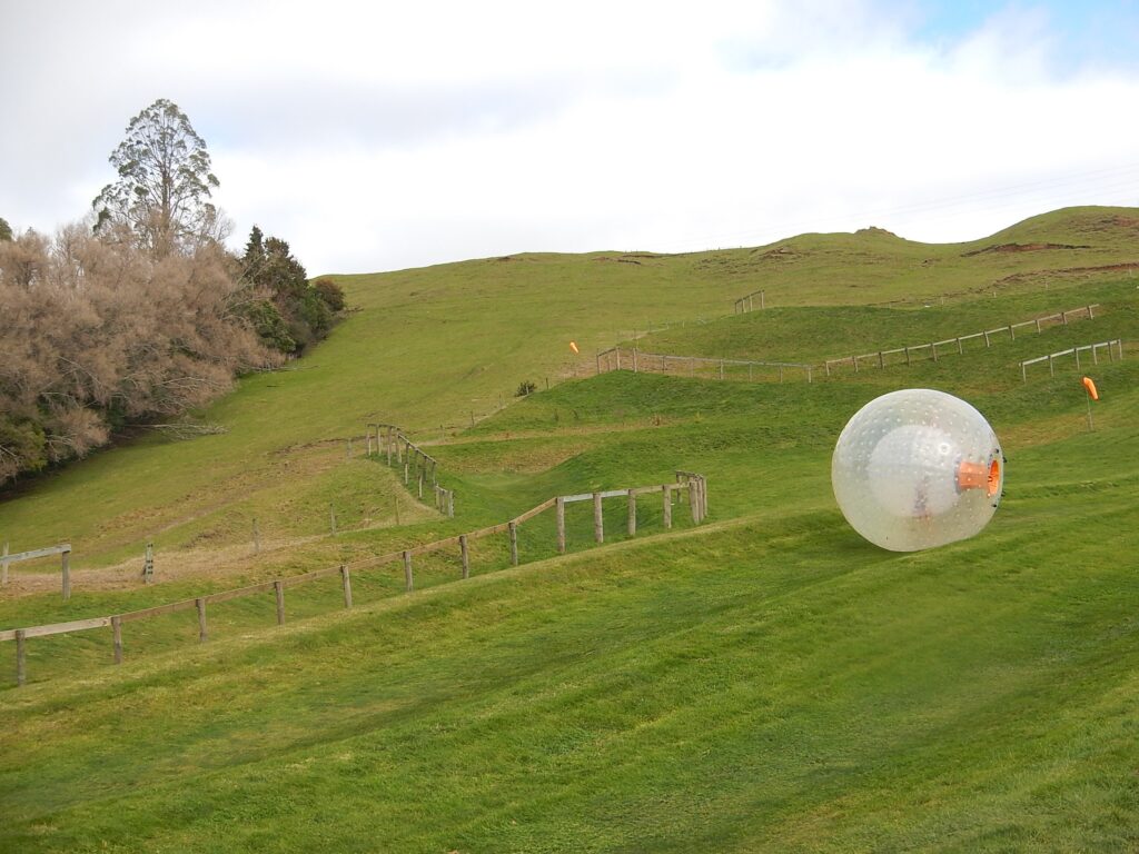Zorbing ball driving down the green hill