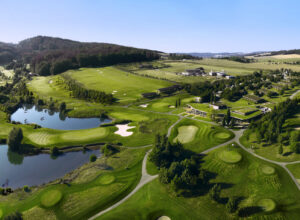 View of the golf course with water areas in the Kaskada Golf Resort