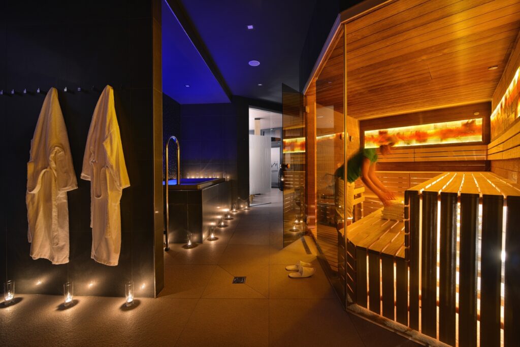 Relax zone with a Finnish sauna in the night Premium Hotel Znojmo