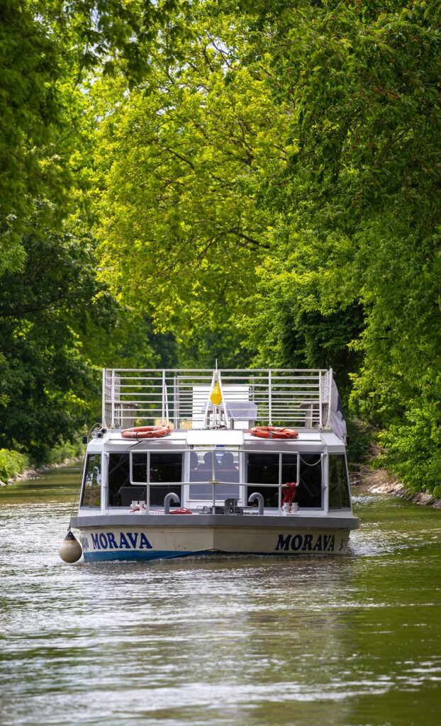 Cruise on a boat along the Bata Canal under the trees surrounding the canal