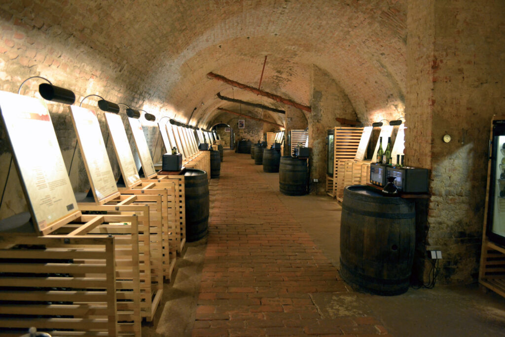 Valtice underground area with barrels and crates
